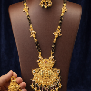 Traditional Rajwadi Gold-Plated Mangalsutra Set with Radha-Krishna Motif Pendant and Matching Earrings – Handcrafted Indian Bridal Jewelry for Women