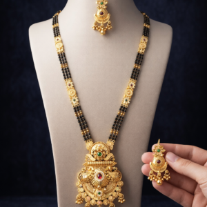Rajwadi Gold-Plated Long Mangalsutra Set for Women – Traditional Three-Layered Black Beaded Chain with Intricate Floral Meenakari Pendant and Matching Earrings
