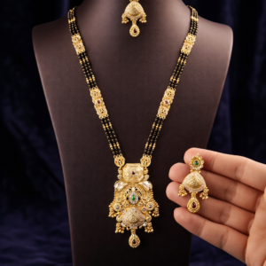 Traditional Rajwadi Gold-Plated Mangalsutra Set with Matching Earrings – Ethnic Bridal Jewelry for Women, Royal Kundan-Inspired Design with Black Beads