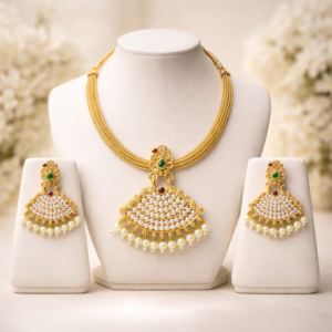 South Indian Pearl Pendant Necklace Set with Jhumka Earrings – Traditional Matte Gold Finish Bridal Jewellery