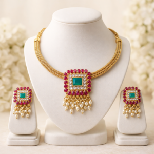 South Indian Kemp Stone Choker Necklace Set with Pearl Drops For Women / Girls