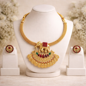 Traditional Temple Elephant Pendant Necklace Set with Red & Green Kemp Stones