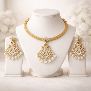 South Indian Matte Finish Choker Necklace Set with AD Stones & Pearl Dangling Earrings