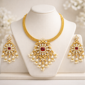 South Indian Matte Finish Kundan Necklace Set with Red Stone & Pearl Drops