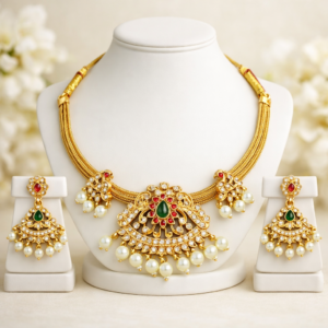 South Indian Matte Finish Kundan Necklace Set with Pearl Drop Jhumka Earrings