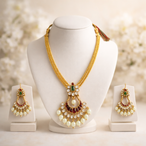 Matte Finish Temple Style Pearl Drop Necklace Set with Earrings For women / Girls