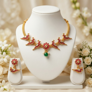 Matte Finish Kemp Peacock Design Necklace Set with Earrings For Women / Girls