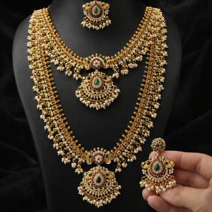 Traditional Gold-Plated Temple Jewellery Combo for Women – Long Haram and Short Necklace with Matching Earrings