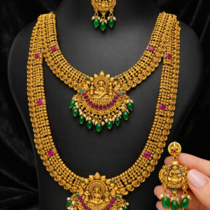 Matte Gold Plated Short Necklace & Long Haram Combo with Matching Earrings for Women (Ruby & Emerald Accent
