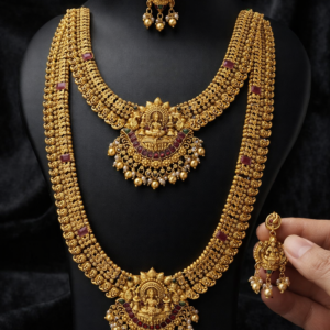 Long Haram & Short Necklace Combo with Goddess Lakshmi Pendant, Ruby Red Stones, and Matching Earrings – Ideal for Weddings, Festivals, and Bridal Wear