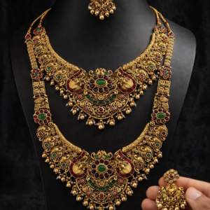 Long Haram and Short Necklace with Matching Jhumka Earrings | Antique Kemp Stone & Pearl Embellished Peacock Design | Bridal & Festive South Indian Ethnic Wear
