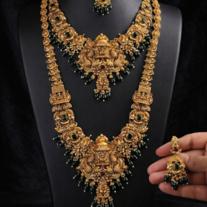 Exquisite Matte Finish Temple Jewelry Set – Antique Long Haram & Short Necklace with Matching Earrings – Traditional South Indian Bridal Collection for Women