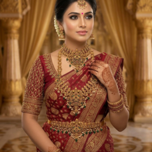 South Indian Temple Semi Bridal Jewellery Set – Long Haram & Short Choker Necklace with Earrings, Maang Tikka and Kamarpatta | Traditional Antique Wedding Jewellery Set for Women