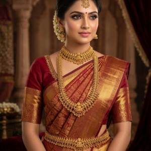 Temple Semi Bridal Gold Plated Long Haram & Short Necklace Set with Earrings, Maang Tikka and Kamarbandh – Traditional South Indian Wedding Jewellery Set for Women