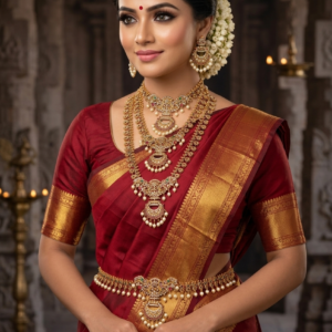 South Indian Temple Semi Bridal Jewellery Set with 3 Layer Necklace (Long Haram, Medium & Short Choker), Earrings, Maang Tikka & Kamarpatta