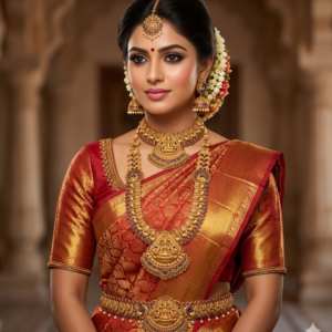 South Indian Wedding Temple Jewellery Set – Antique Gold Long Haram Necklace Combo with Earrings, Maang Tikka & Kamarpatta | Semi Bridal Set