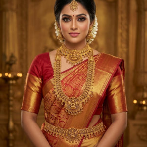 Classic Temple Design Semi Bridal Jewellery Set – Long Haram Necklace Set with Earrings, Maang Tikka & Kamarpatta | Traditional South Indian Wedding Set