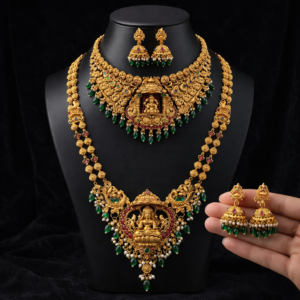 Traditional Antique Gold-Plated Temple Jewelry Combo Set for Women | Lakshmi Motif Long Haram & Choker Necklace with Matching Jhumka Earrings | Ethnic Bridal & Wedding Jewelry Set (Green & Ruby Beads)