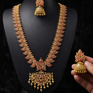 Traditional South Indian Temple Jewellery Long Haram Necklace Set with Jhumka Earrings – Matte Gold Finish Antique Mango Mala for Women & Brides