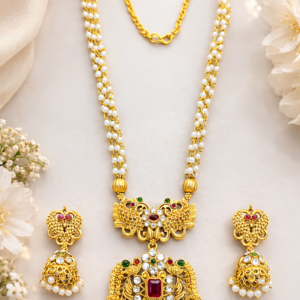 Traditional South Indian Temple Jewellery Necklace Set with Jhumka Earrings, Kundan & Kemp Stone Pendant, Pearl Beaded Gold Plated Bridal Jewellery Set for Women & Brides