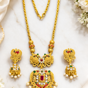 Traditional Temple Necklace Set with Jhumka Earrings for Women | Antique Jewellery with Ruby, Green Stones & Pearl Dangling