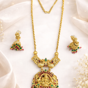 Traditional Lakshmi Temple Pendant Necklace Set with Jhumka Earrings