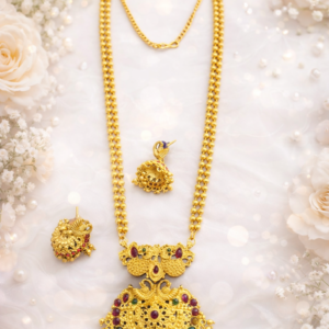 Temple Jewellery Necklace Set with Kemp Stones & Jhumka Earrings | South Indian Long Haram Necklace for Women