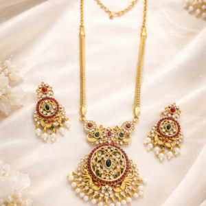 Traditional Temple Jewellery Necklace Set with Kemp Stones, Green & Ruby Red Kundan Pendant Necklace with Matching Earrings, Pearl Drop South Indian Bridal Jewellery Set for Women