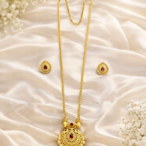 Traditional Temple Style Gold Plated Pendant Necklace Set with Ruby Red Kemp Stone & Matching Stud Earrings for Women | Ethnic Bridal Jewellery Set