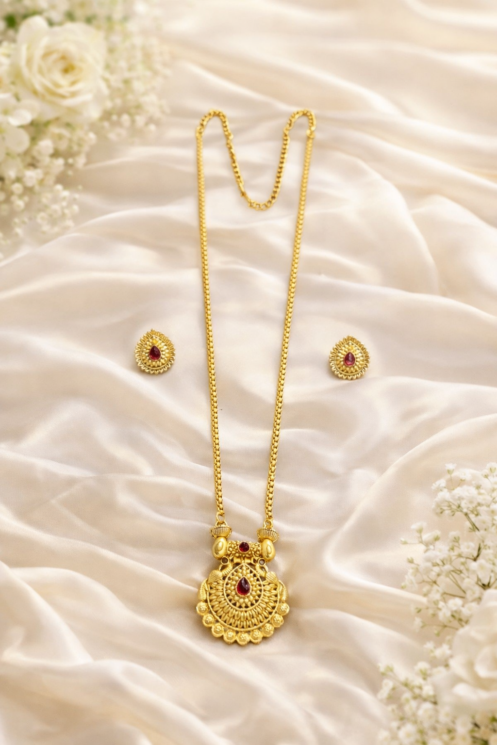 Traditional Temple Style Gold Plated Pendant Necklace Set with Ruby Red Kemp Stone & Matching Stud Earrings for Women | Ethnic Bridal Jewellery Set
