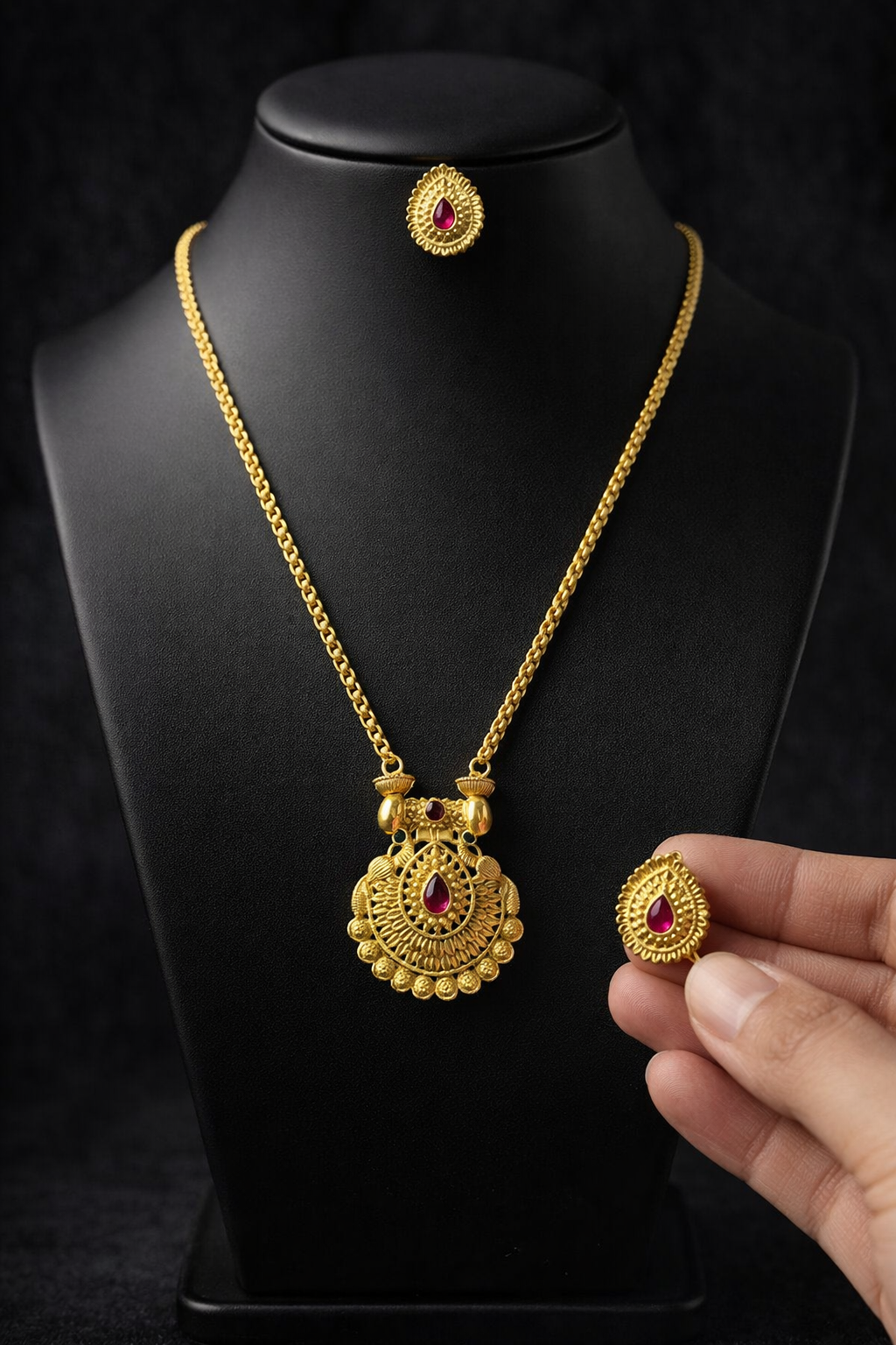 Traditional Temple Style Gold Plated Pendant Necklace Set with Ruby Red Kemp Stone & Matching Stud Earrings for Women | Ethnic Bridal Jewellery Set - Image 2