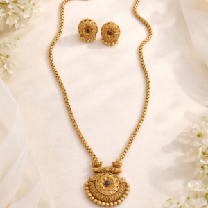 Traditional Temple Design Gold Plated Pendant Necklace Set with Matching Stud Earrings for Women