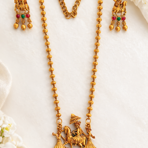 Traditional Barat Horse Procession Pendant Necklace Set with Earrings | Antique Gold Plated Indian Ethnic Jewellery with Red & Green Kemp Stones