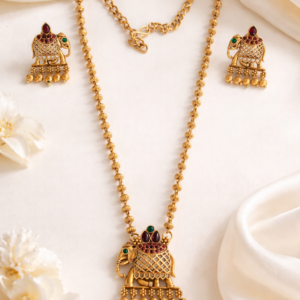 Traditional Temple Elephant Pendant Necklace Set with Matching Earrings | Antique South Indian Jewellery