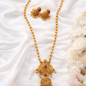 Traditional Temple Design Long Necklace Set with Peacock Pendant & Jhumka Earrings – Antique Gold Finish Ethnic Jewellery Set for Women