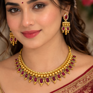 Traditional Gold Plated Ruby Stone Necklace Set with Matching Earrings for Women