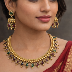 Traditional South Indian Matte Finish Necklace Set with Red & Green Kemp Stones