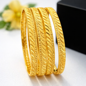 Gold Plated Traditional Indian Ethnic Bangle Set for Women - Intricate Textured Filigree Design - Set of 4 Classic Bridal & Party Wear Jewelry (Standard Size)