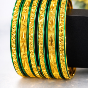 Traditional Gold-Plated Green Meenakari Bangle Set for Women – 6 Piece Ethnic Kada Set with Intricate Floral Engraving and Hand-Painted Enamel Work – Ideal for Weddings and Festivals