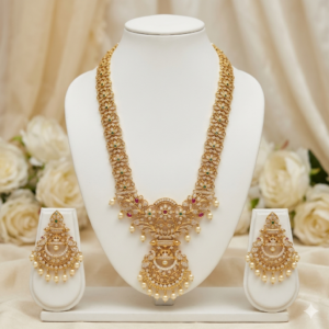 Royal CZ Stone Gold Polish Long Necklace Set with Designer Pendant & Matching Earrings for Wedding and Bridal Wear
