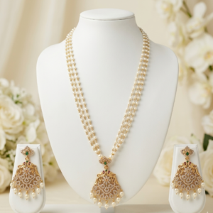 Triple-Strand Pearl Necklace Set with Intricate Filigree Pendant and Matching Chandbali Earrings