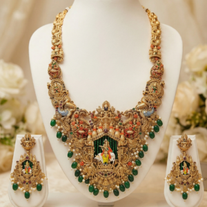 Antique Matte Finish Nakshi Temple Jewellery Set – Lord Krishna Motif Necklace with Matching Jhumka Earrings
