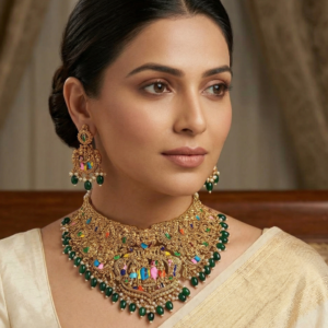 Premium Nakshi Gold-Plated Temple Jewellery Set with Meenakari Work and Emerald Green Drops – Traditional Choker Necklace with Matching Jhumka Earrings
