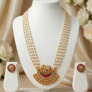 South Indian Temple Elephant Pendant Pearl Mala Necklace Set with Stud Earrings – Gold Polish Traditional Jewellery