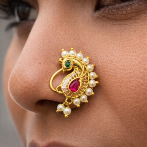 Peacock Design Maharashtrian Nath Nose Ring with Ruby Stone and Pearl Border – Traditional Bridal Nose Pin