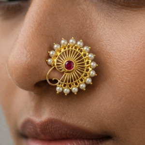 Traditional Maharashtrian Nath Nose Ring with Red Stone & Pearl Border – Gold Polish Bridal Nath Jewellery for Women