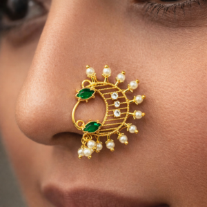 Maharashtrian Pearl Nath Nose Ring for Women | Traditional Peshwai Nath with Green Stones & CZ | Gold Polish Marathi Bridal Nath Jewellery