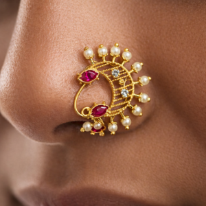 Traditional Maharashtrian Nath Nose Ring with Ruby Red Stones & Pearl Drops – Gold Polish Bridal Nath for Women