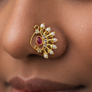 Traditional Maharashtrian Nath Nose Ring with Ruby Stone & Pearl Drops – Gold Polish Bridal Nath for Women