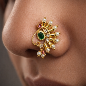 Traditional Maharashtrian Nath Nose Ring with Pearl Drops, Green Stone & CZ | Gold Polish Bridal Nath for Women